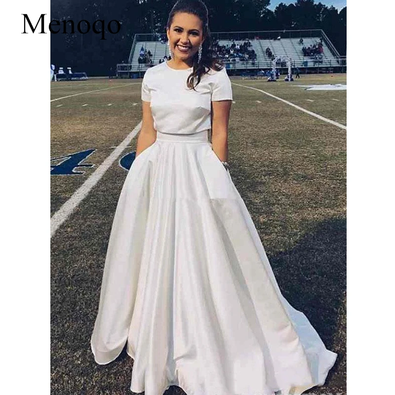 Two Piece Satin Vintage Wedding Dresses 2019 Jewel Neck Short Sleeve Chapel Train Simple Design Country Garden Bridal Gowns for Wedding (3)-_