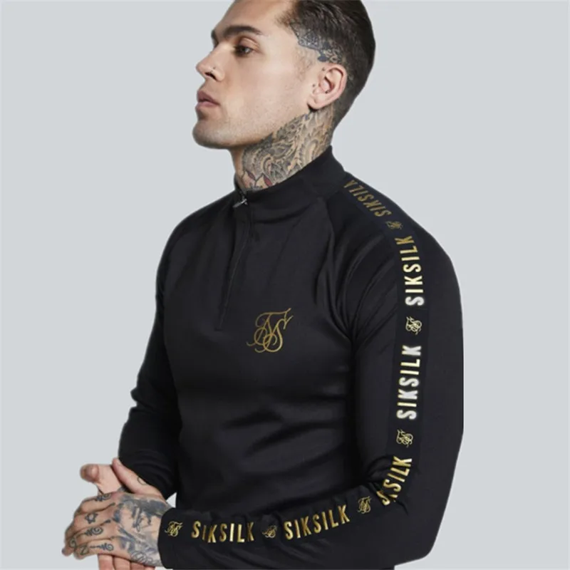 

New Fashion Men's Stretch T Shirt Solid Color army green high-elastic Zipper collar Long Sleeve Slim male Casual black T-Shirt