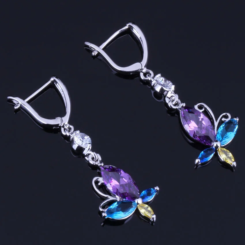 

Butterfly Multigem Multicolor Purple Cubic Zirconia White CZ 925 Sterling Silver Drop Dangle Earrings For Women V0807