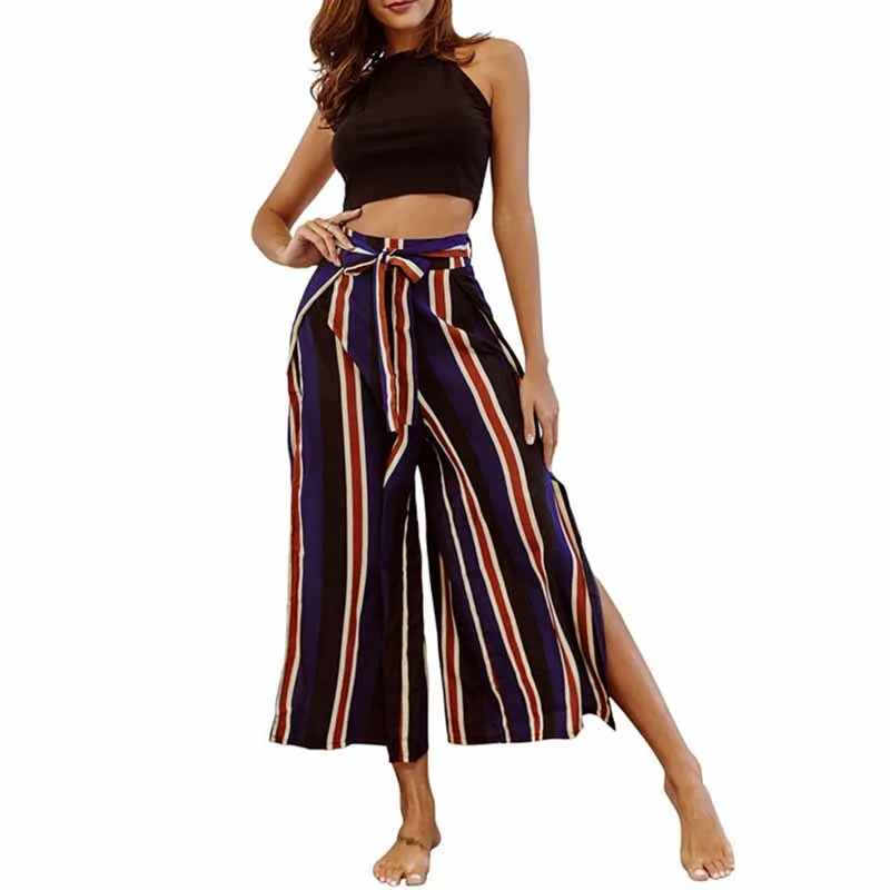 

women sexy side split striped wide leg pants pockets side zipper full length female casual trousers chic long pants
