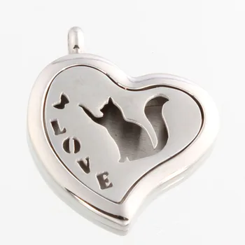 

10PCS Silver Heart With Hollow Cat Perfume Locket Aromatherapy Essential Oil Magnetic Stainless Steel Diffuser Locket