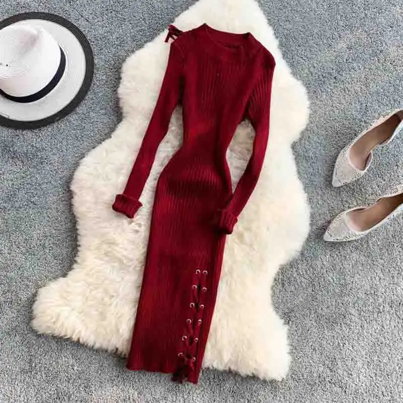 Для женщин Bodycon платье Винтаж Твердые эластичность свитер Knitt платье с длинным рукавом и крестиком повязку сексуальные платья с пышной юбкой Vestidos - Цвет: Бургундия