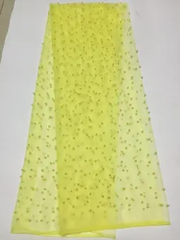 

Yellow Color French Lace Fabric With Beaded.African Tulle Lace Fabric High Quality Guipure lace for african wedding D6882