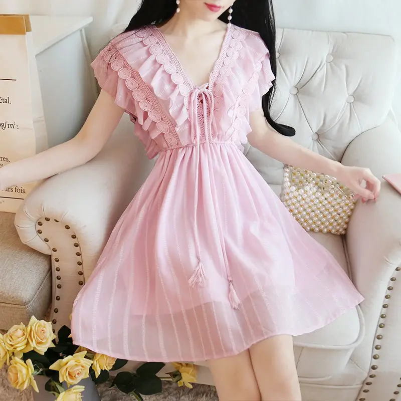 women dress pink Для женщин платья лето Новые Девушки v-образным вырезом Мини платье с коротким рукавом Высокая талия шифон Elbise элегантное вечернее белое платье f186 - Цвет: women dress pink