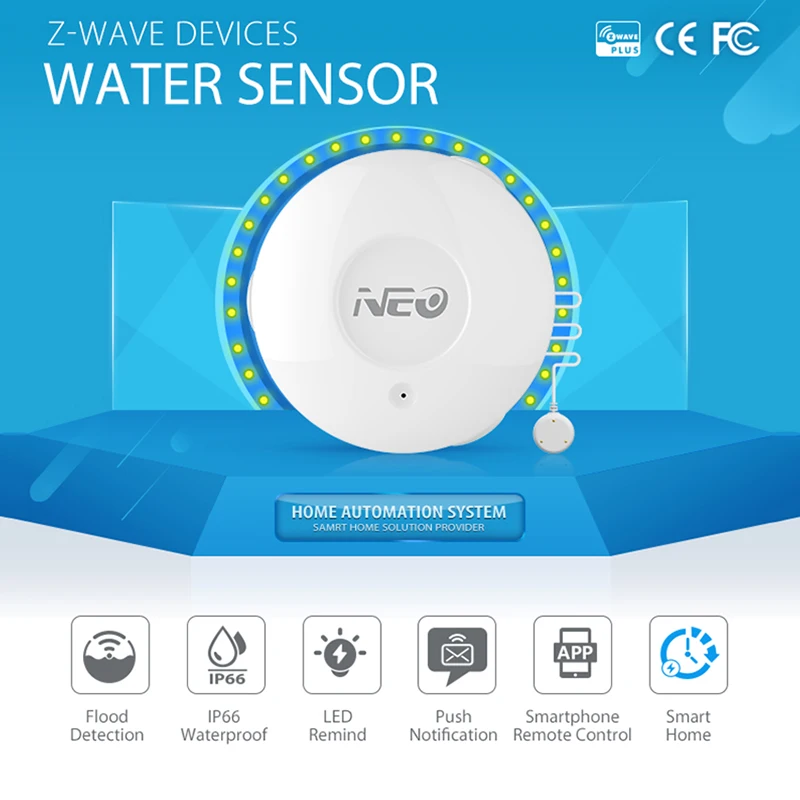 NEO Coolcam Z-Wave Water Sensor With Probe Flood Water Leak Alarm Sensor Water Leakage Sensor Zwave Alarm Home Automation System