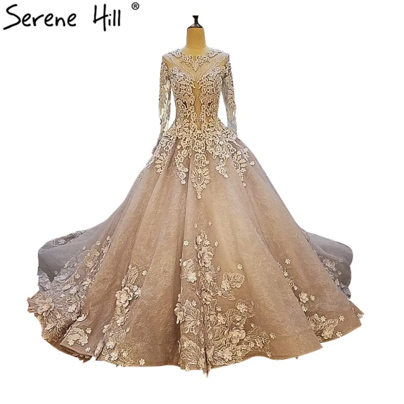 

Grey O-Neck Long Train Tulle Wedding Dresses Long Sleeves Flowers Beading Bridal Gwons Vestido De Noiva 2019 shx001