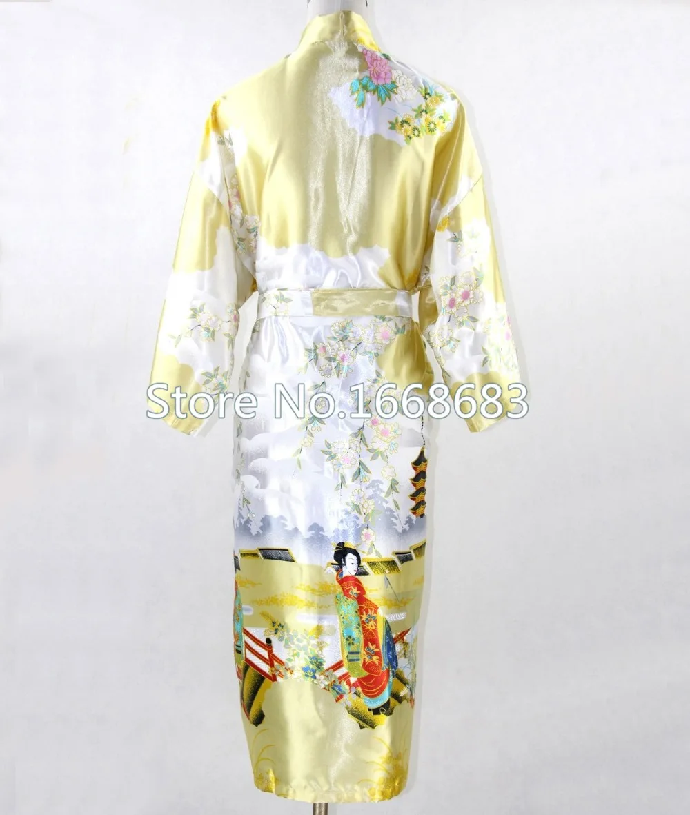 Золото Для женщин шелк длинное кимоно юката с поясом с принтом Robe платье сексуальное женское белье Ночное цветок плюс Размеры S-XXXL NR028