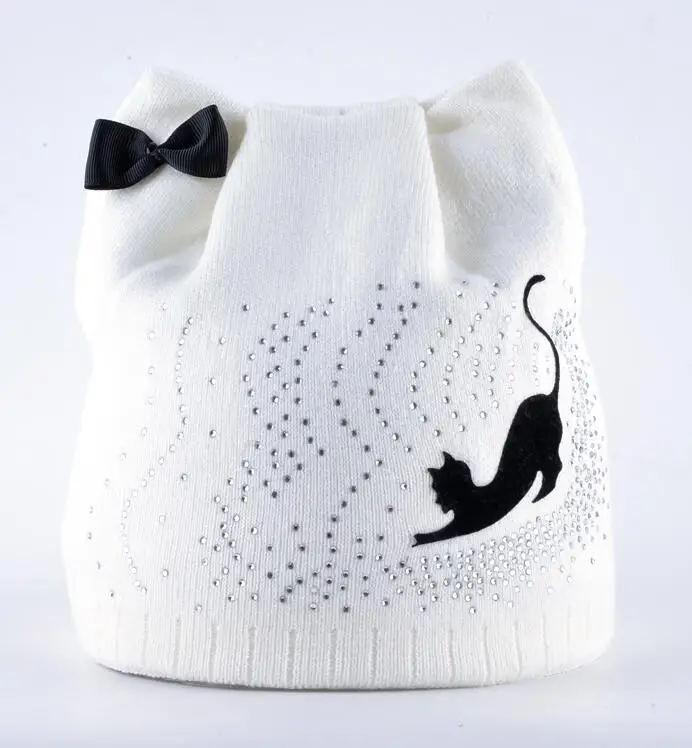 Шапка женская зимняя шапка с ушками для девочки черный кот алмазная лук женская двойная вязка шапка бини толщины зимняя - Цвет: White