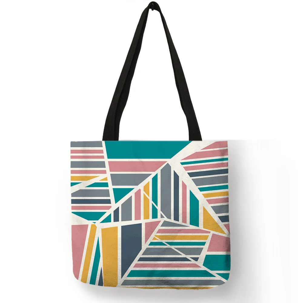 

Creative Palette Contrast Color Handbag Geometry Diamond Triangle Print Tote Bag Eco Friendly Linen Fabric Durable Storage Sack