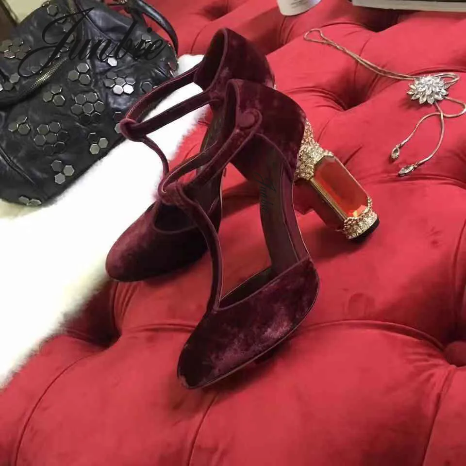 Hauts as Bout As Chunky Mary Pic Talons Pompes Jewel Cuir Talon Véritable Femmes Cristal Pic Rond En Perles Chaussures Janes Nouveau Junbie qRfAn464