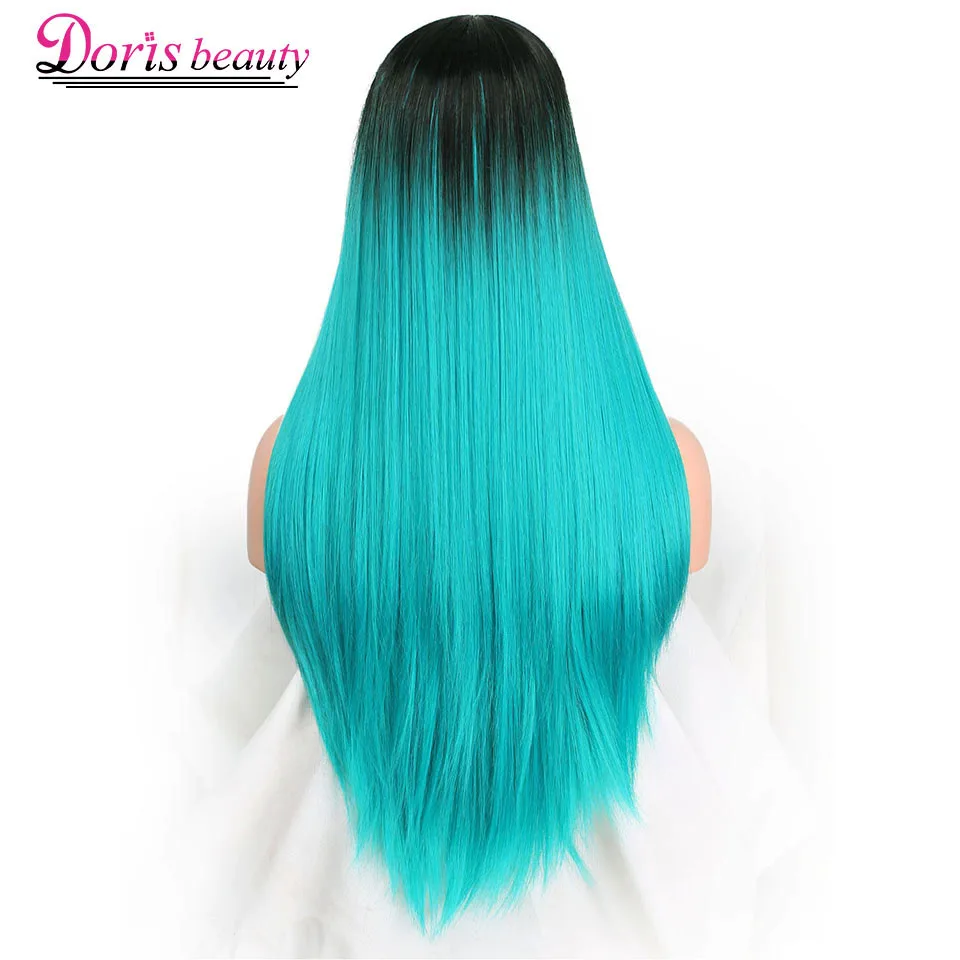 Doris Beauty Ombre Long Straight Black To Teal Green Wig For Women