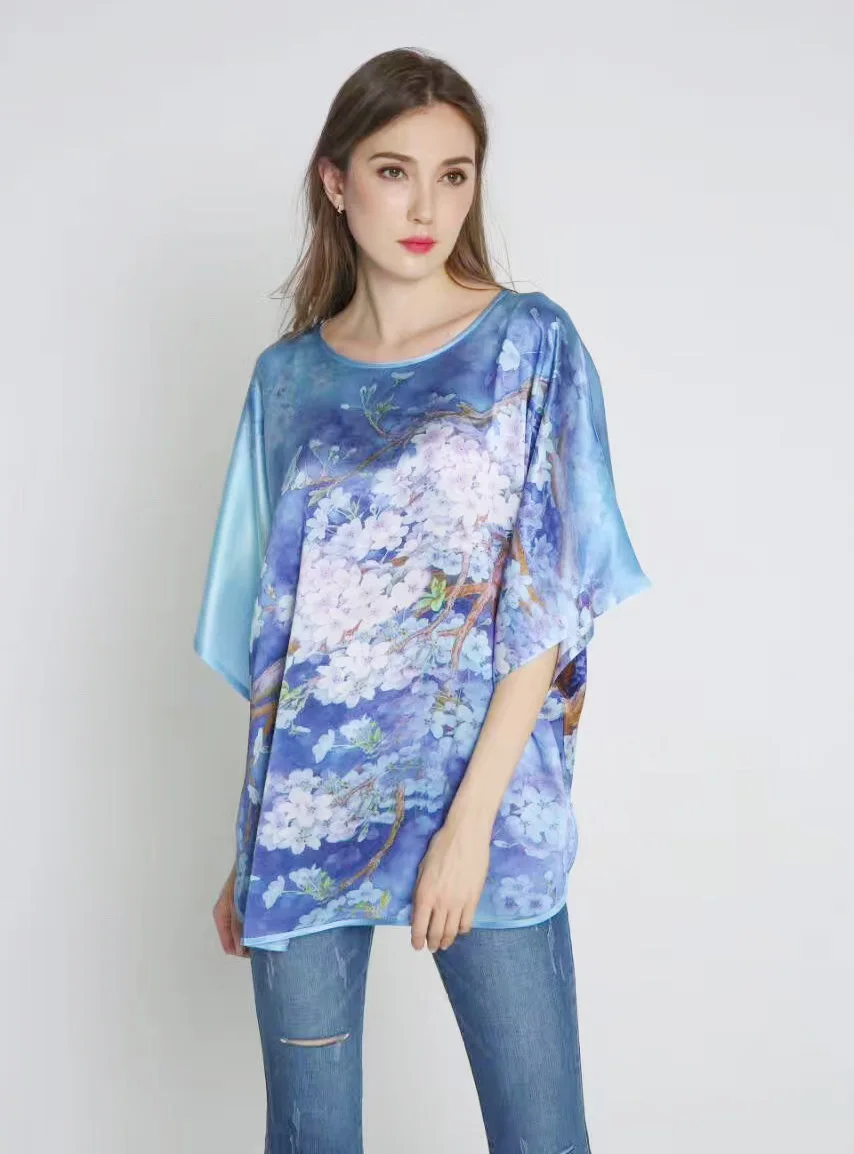 100% Silk Natural Mulberry Silk Satin Fabric Shiny Tees Famous Brand Flower Painting New Desigual Feminine Blouse versace shirt