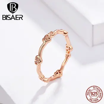 

BISAER Heart Rings for Women 925 Sterling Silver Round Finger Rings Rose Gold Color Love Heart Wedding Anel Jewelry ECR519