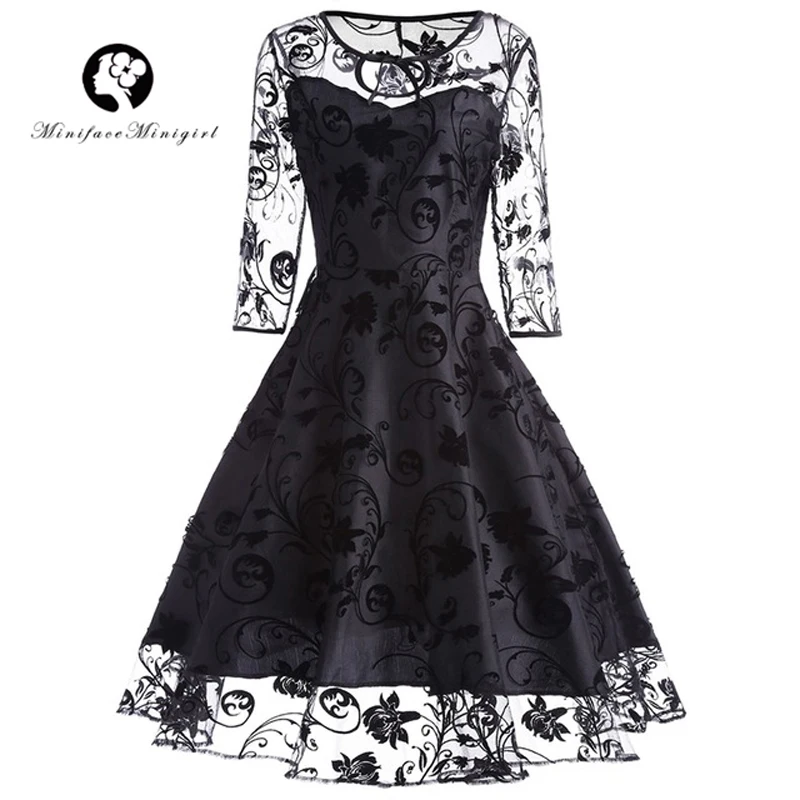 

Vintage Women Lace Dress 2018 Long Sleeve O Neck Black Solid Robe Femme Retro Elegant Summer Party Dress Vestidos De Festa