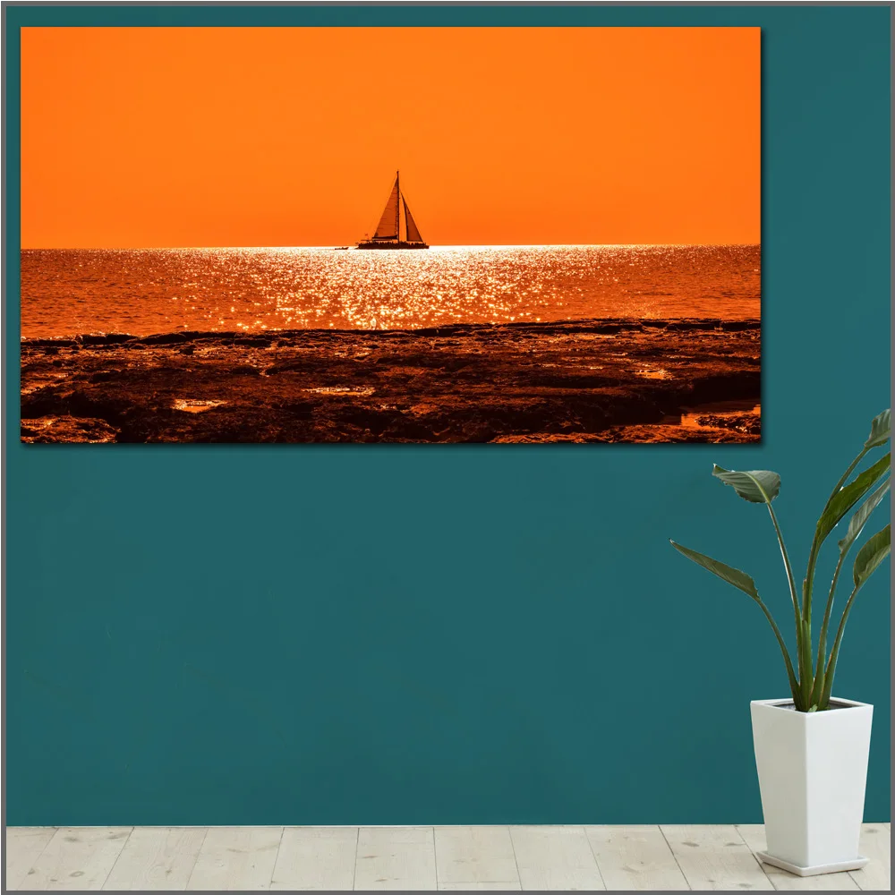 Печать маслом лодка Закат Сумерки морской горизонт оранжевый художественный холст печать картины для гостиной и спальни без рамок