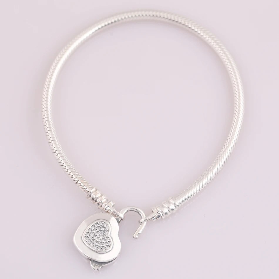 

New 925 Sterling Silver Bracelet MOMENTS Pave Love Heart padlock Clasp Snake Bracelet Bangle Fit Bead Charm DIY Pandora Jewelry