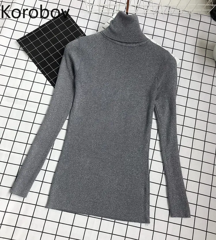 

Korobov Women Knitted Lurex Sweaters Korean Turtleneck Shiny Long Sleeve Pullovers Vintage Stretch Sueter Mujer 78457