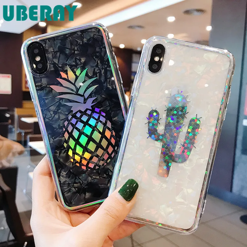 

UBERAY Laser Aurora Shell For iPhone XS Case iPhone XS Max Cover Luxury Pineapple Cactus Smartphone Pouch For iphone 7 Case Capa