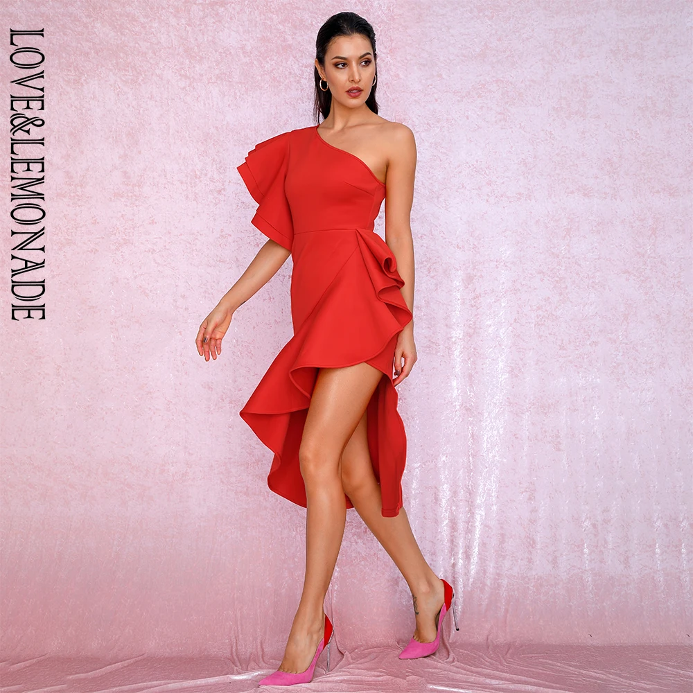 LOVE& LEMONADE пикантные Вечерние платья на одно плечо с оборками без рукавов из эластичного материала LM90058 красный
