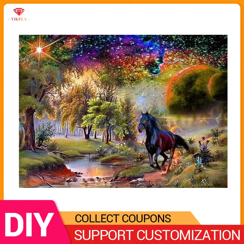 

5D Diy Cross Stitch Embroidery Crystal Diamond Mosaic Forest Landscape Horse River Tree Full Square/Round Drill painting
