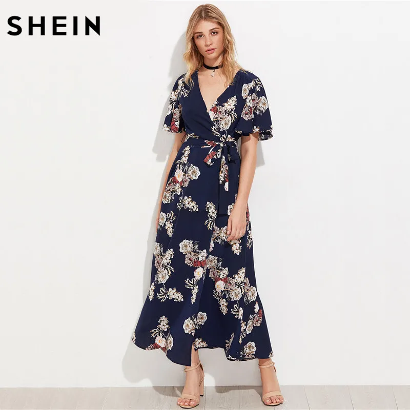 SHEIN Flutter Sleeve Surplice Wrap Dress Casual A Line Summer Maxi