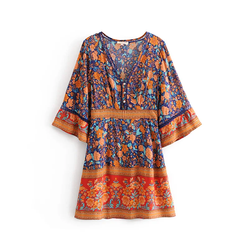 Boho Chic Лето Винтаж Цветочный Принт Плиссированное длинное платье для женщин Мода