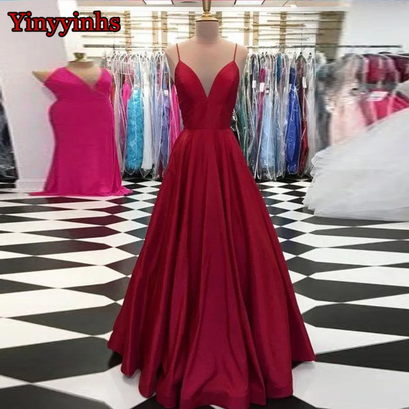 Изготовленное на заказ ТРАПЕЦИЕВИДНОЕ красное Королевское синее платье на бретельках с v-образным вырезом для выпускного вечера с высоким разрезом атласное длинное вечернее платье с карманом