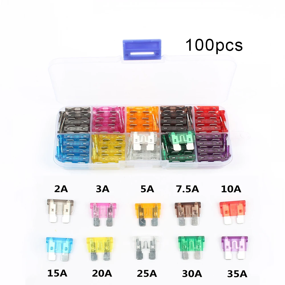 

100pcs Auto Automotive Car Boat Truck Blade Fuse Box Kit Assortment 2A 3A 5A 7.5A 10A 25A 30A New standard