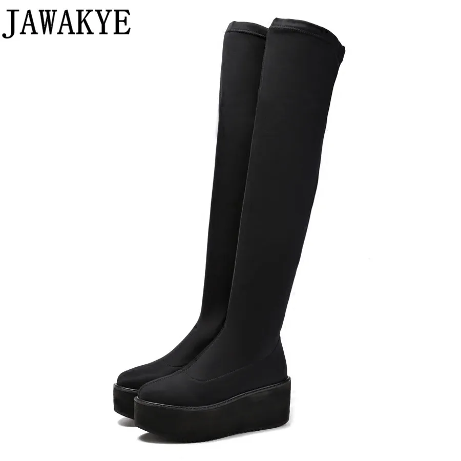 

JAWAKYE New Designer Stretch Suede Over The Knee Boots Womens platform wedge heels elastic winter Thigh High Boots bota feminina