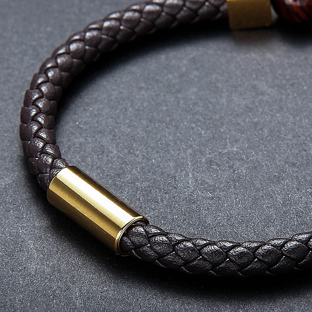 HMSFELY Fashion Men Real Leather Rope Stone Beaded Black Brown Bracelets Stainless Steel Gold Beads Magnetic Bracelet For Men