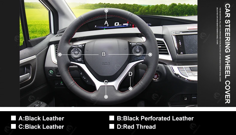 DIY Black PU Leather Steering Wheel Cover Wrap for Honda Civic 2012-2014 #BT08