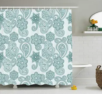 

Floral Shower Curtain Shower Spring Theme Curve Design with Flowers and Leaves Satin Pattern