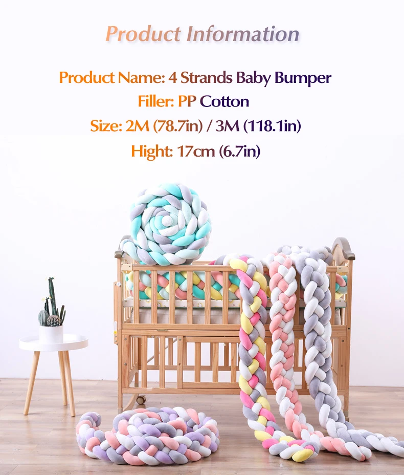 Baby Shining 4 Strands Newborn Crib Bumper 2M/3M Infant Bed Protector Room Decor 17CM(6.7in) Height Pure Weaving Plush Knot