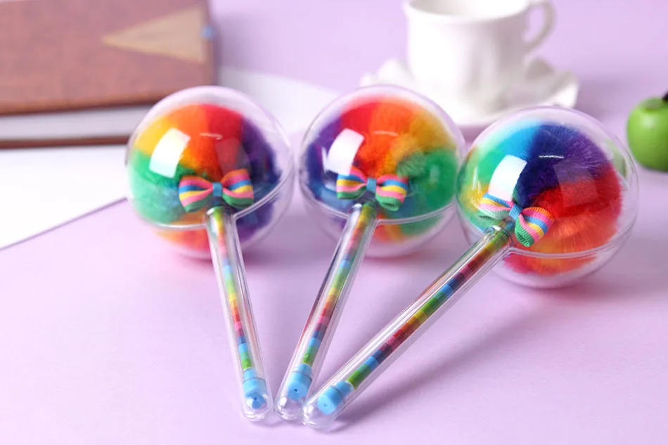 3pcs/lot rainbow Kawaii creative color gel pens with fluffy ball for decoration stationery School supplies free shipping