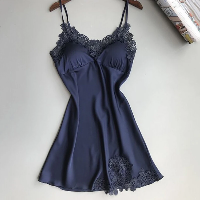 S-XL, женское сексуальное шелковое атласное Ночное платье, без рукавов, ночная рубашка с v-образным вырезом, ночная рубашка, кружевное ночное белье, ночная рубашка для женщин - Цвет: navy