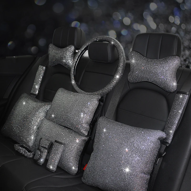

Fashion Rhinestones Crystal Car Seat belt cover pad Neck pillow Waist Support Steering wheel cover Auto Interior Accessories Set