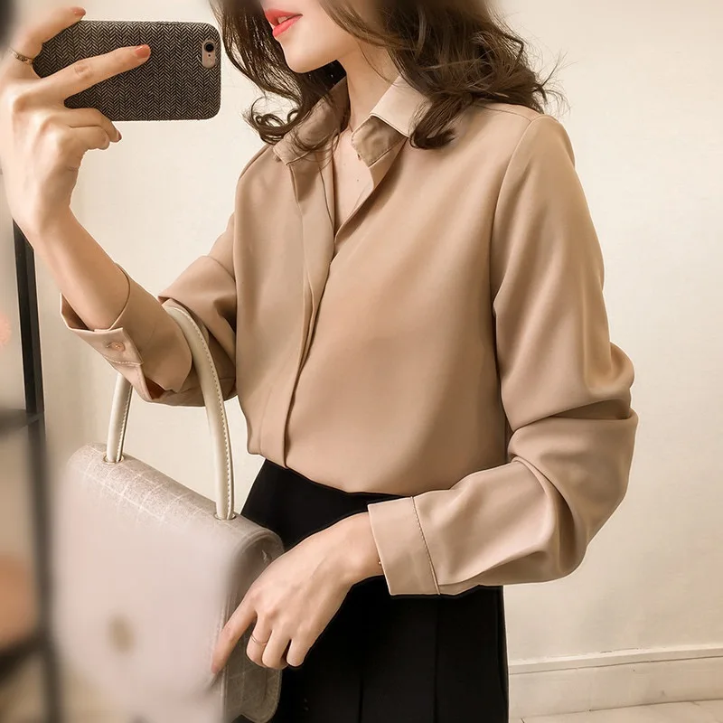 

Women Shirts Blouses Long Sleeve Turn-Down Collar Solid Ladies Chiffon Blouse Tops OL Office Style Chemise Femme Hot Sale