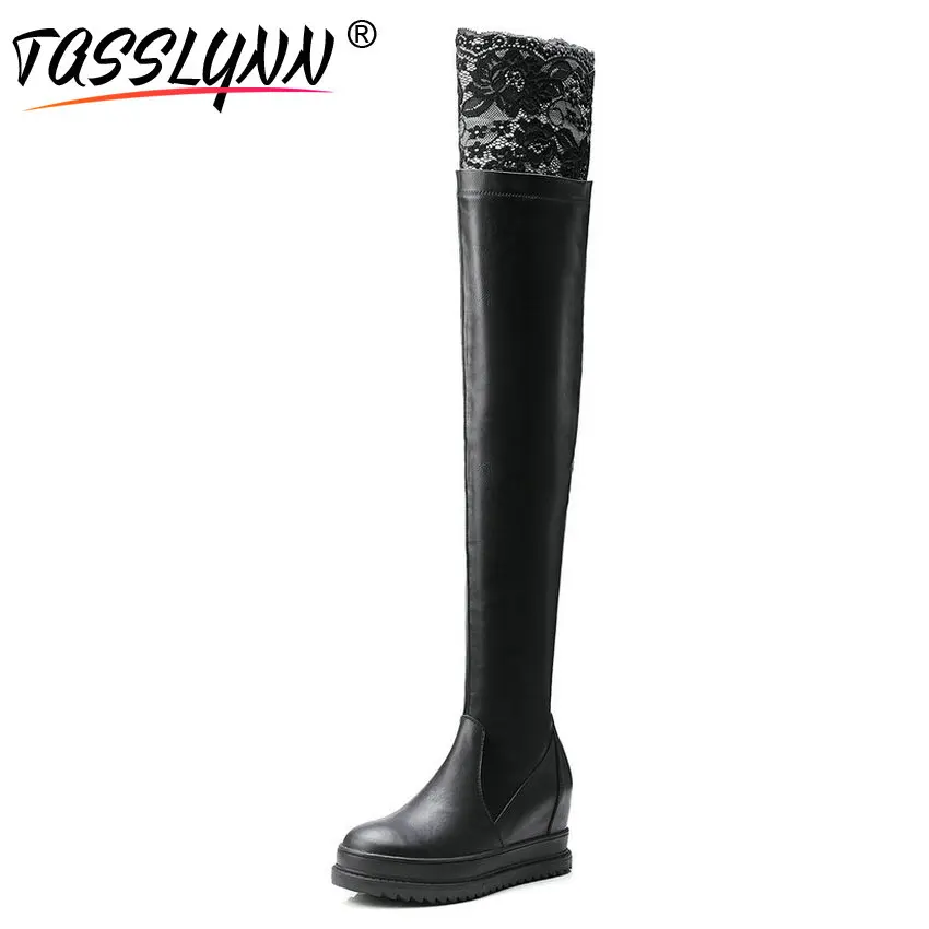 

TASSLYNN 2018 Women Boots Cow Suede Over The Knee Boots Long Boots High Heels Round Toe Height Increasing Women Shoes Size 34-39