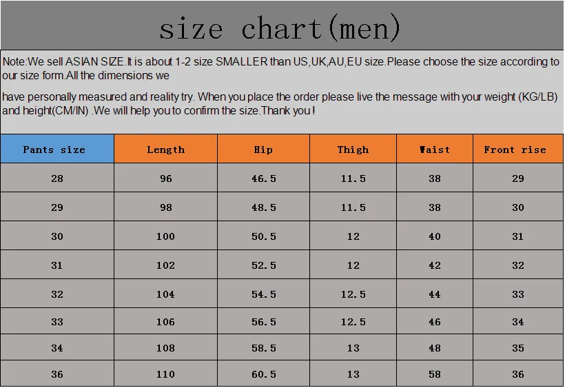 K31 size chart