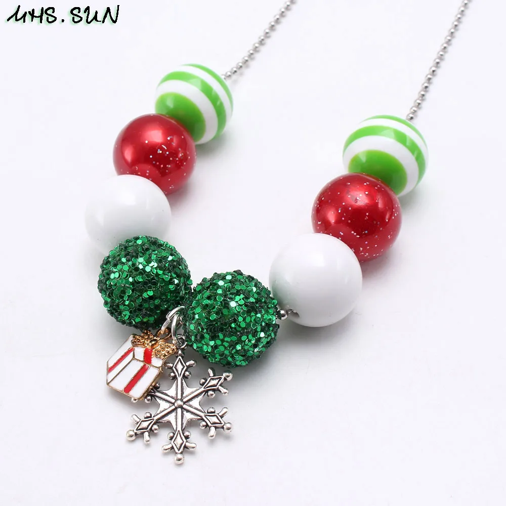 

MHS.SUN Fashion Chunky Beads Necklace With Snowflake Pendant Fashion Bubblegum Jewelry Kids Chain Necklace Girls Ghristmas Gift