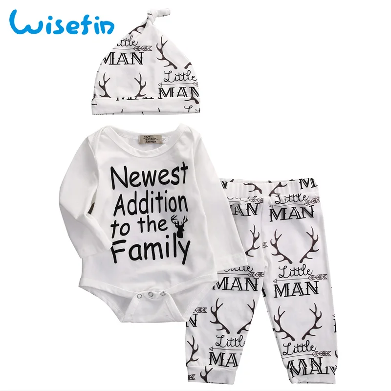 

Wisefin Newborn Baby Outfits 3Pcs Print Baby Boys Girls Clothing Sets Bodysuits Antlers Hat+Pants+Rompers Autumn Clothing Set