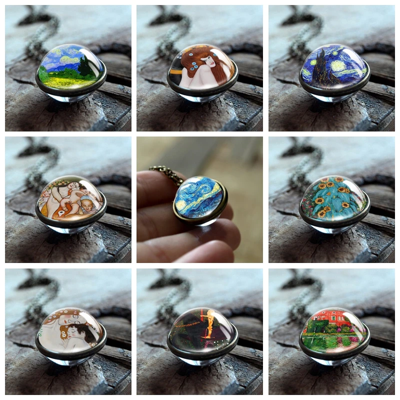 

2019 Starry Night Van Gogh Art Painting Necklace Retro Double Side Glass Ball Pendant Bronze Zinc Alloy Necklace Gifts for Women