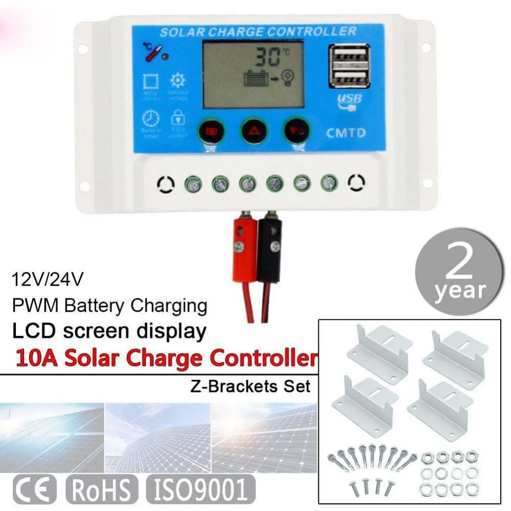

10A 12V/24V LCD PWM Solar Panel Charge Controller Battery Regulator Safe Protection CE Certify USB + Z-bracket Mounting Kit PJW