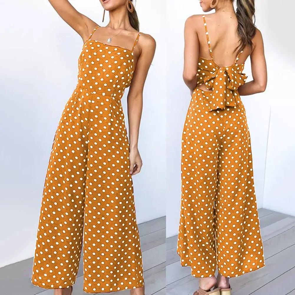 

Summer Women Polka Dot Sleeveless Bandage Wide Leg Long Romper