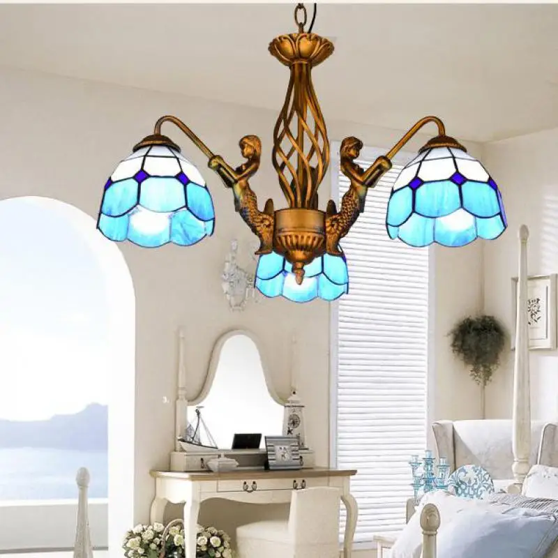 Bedroom Novelty Mermaid pendant lights with stained glass lampshade for