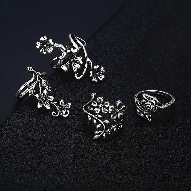 Vintage Rose Flower Rings Set for Women Girl Bohemia Antique Silver Color Midi Rings Set Floral Knuckle Ring jewelry nj31