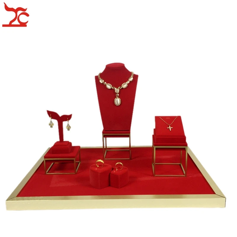 New Gold Jewelry Display Showcase Set Red Velvet Double Ring Necklace Pendant Earring Holder Stand Stainless Steel Counter