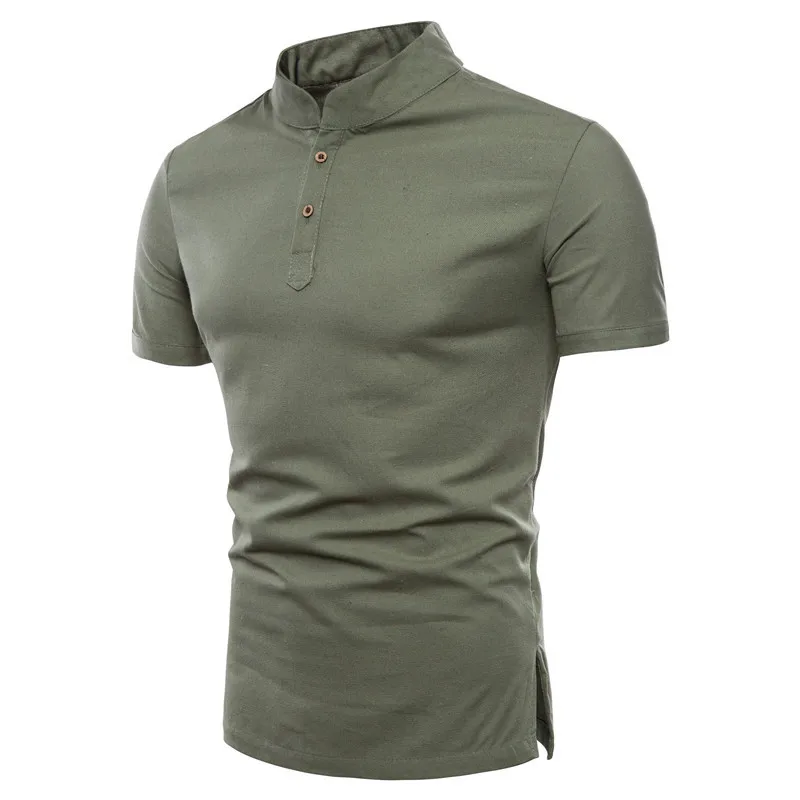 

Stylish Men's Short Sleeve T Shirts Button Up Stand Collar Pullover Cotton Linen Slim Tees Fashion Plus Size 5XL TopS for Summer