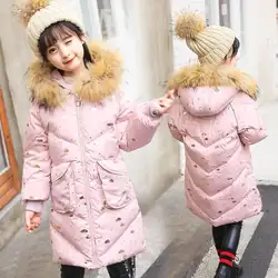 2018 плотное теплое детское зимнее пальто для девочек, длинная куртка-пуховик с цветочным принтом для девочек, От 5 до 14 лет, детская верхняя