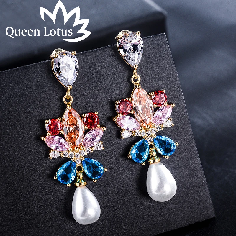 Висячие серьги Queen Lotus высокого качества с красочными фианитами женские длинные